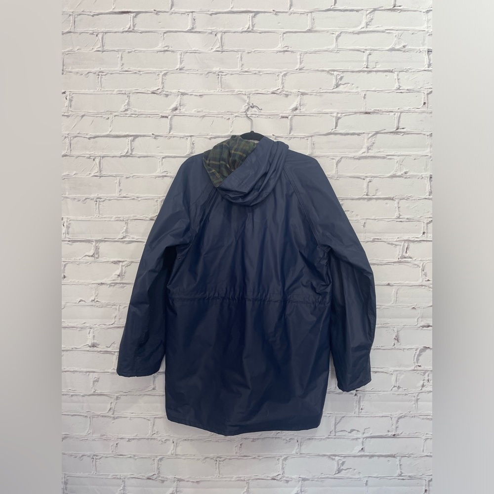 Totes Navy Blue Rain Coat with Hood and Plaid Lining Size Small - Picture 3 of 5